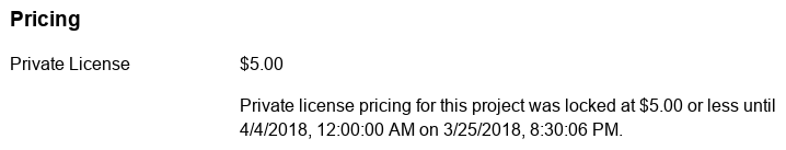 example locked pricing text from a licensezero.com project page